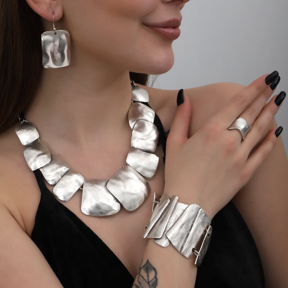 Antique Silver Hummered Jewelry Set